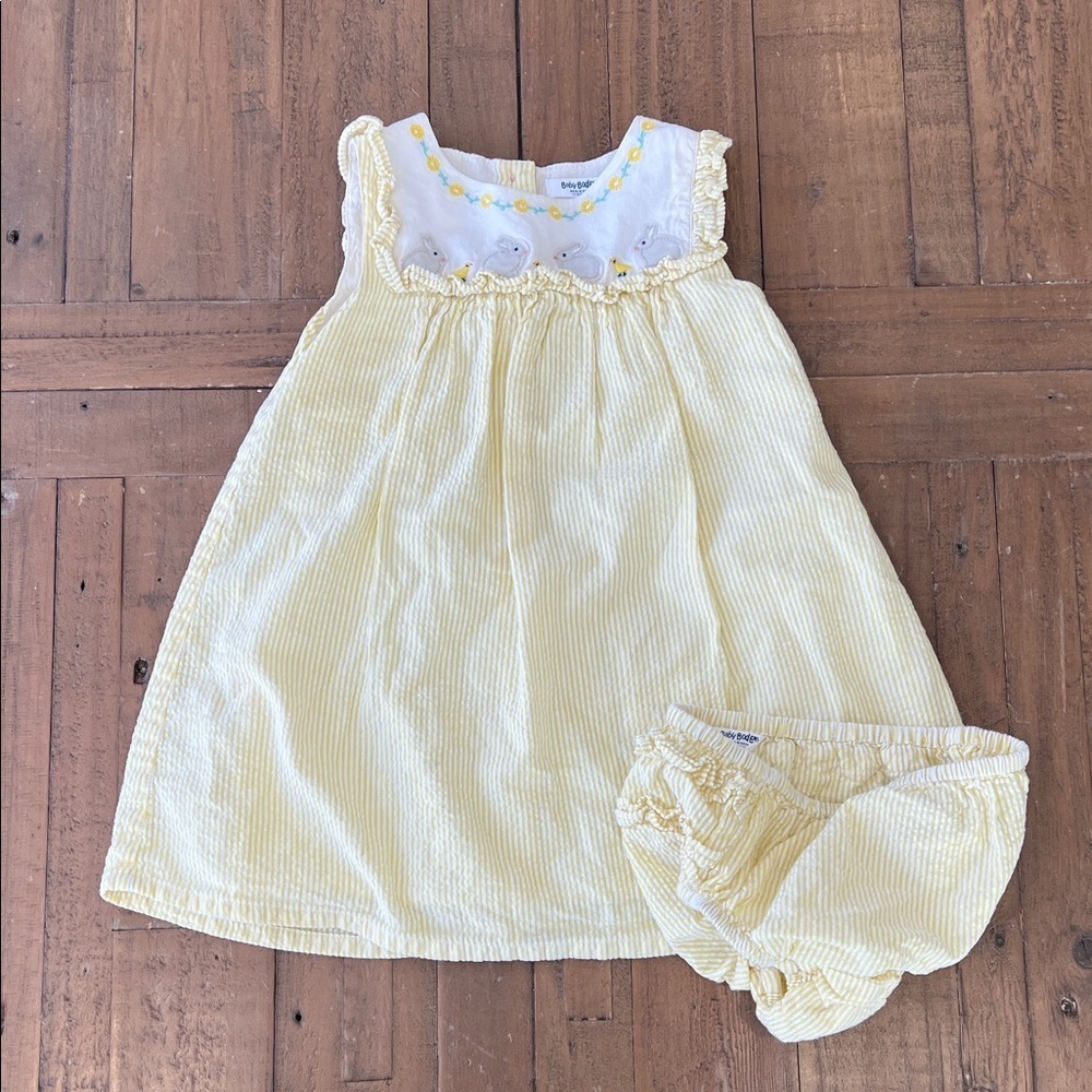Baby Boden yellow seersucker bunny and duck embroidered dress 12-18 months